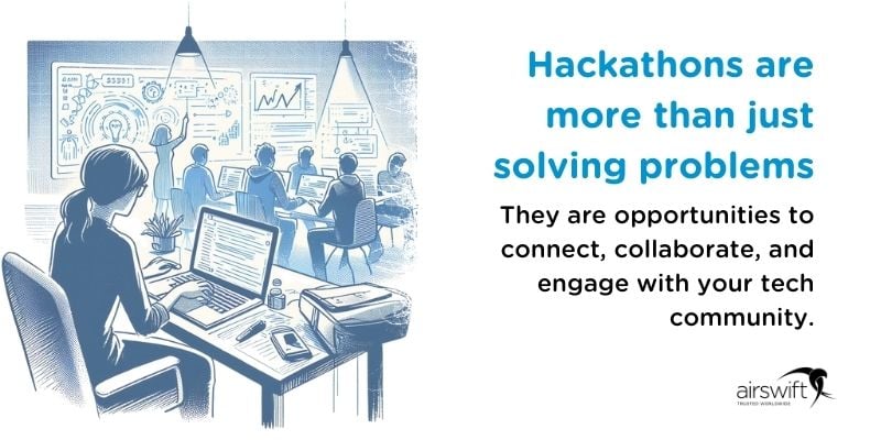 Diverse group engaged in a tech hackathon, highlighting community collaboration